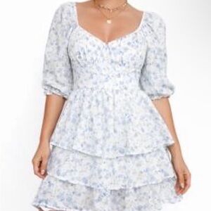 Altar'd State White & Light Blue Floral Tiered Skirt Baby Doll Mini Dress Size S